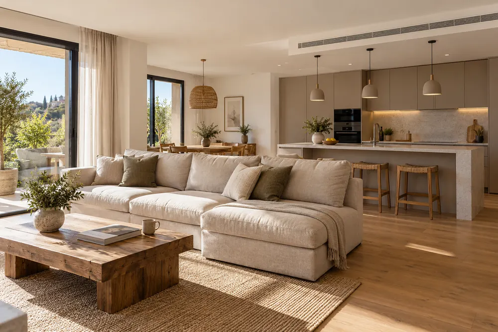 Bright living room with sofa and kitchen island