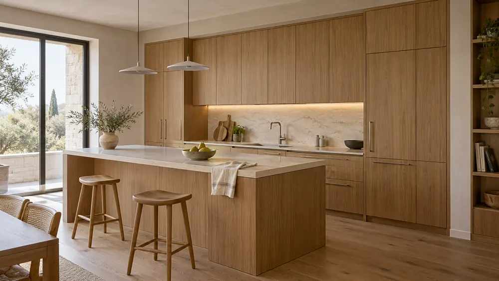 Oak kitchen with an island, stools and pendant lights