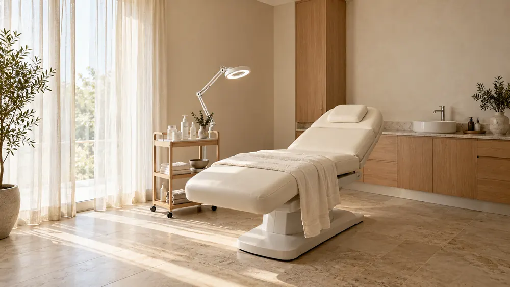 Bright treatment room with a beauty bed and pale curtains