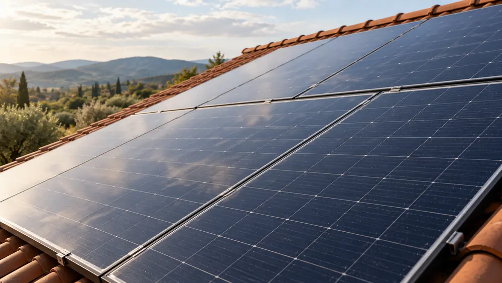Close-up of solar panels on a roof at sunset