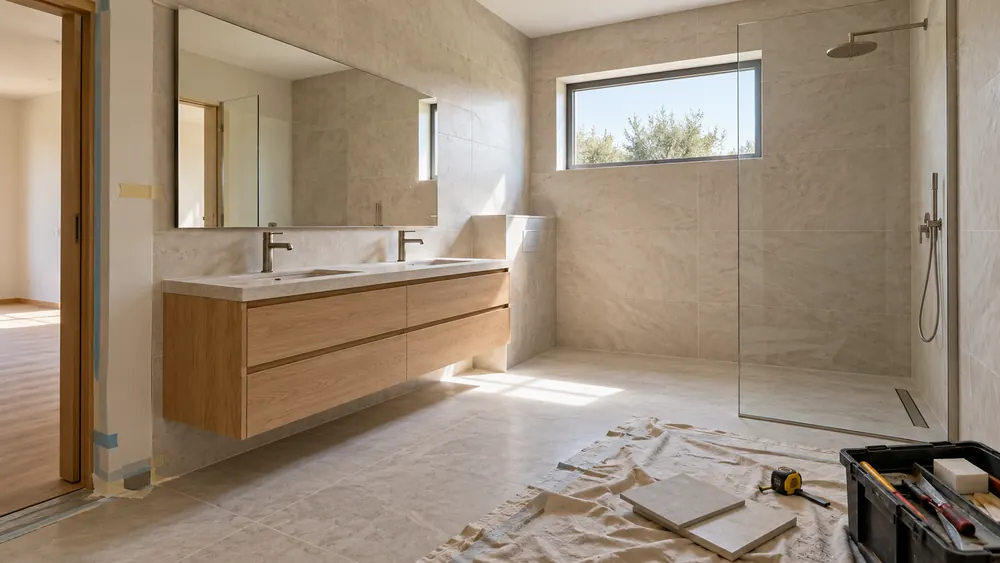 Renovated stone and oak bathroom, with protective sheets still on the floor