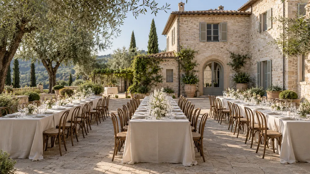 Tavolate imbandite per un evento nel cortile di una villa