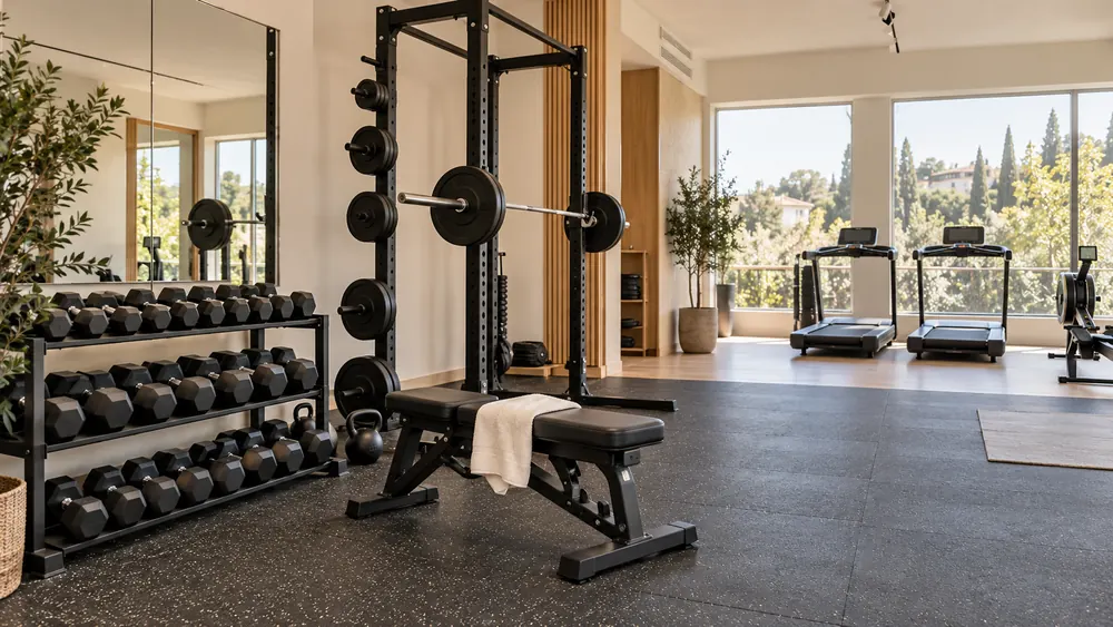 Bright weights room with a rack, a barbell and treadmills